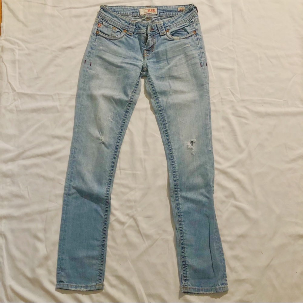 MEK Denim Distressed Light Wash Straight Jeans